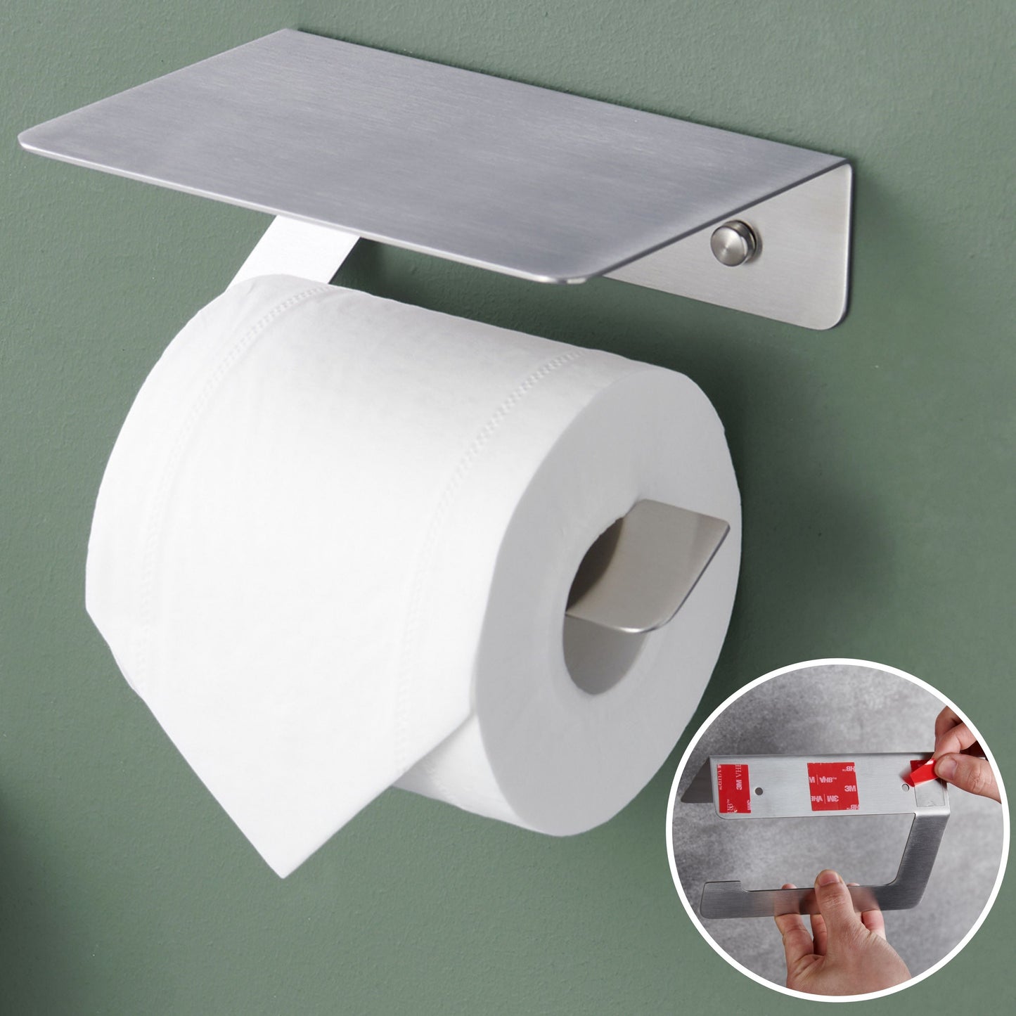 Toilettenpapierhalter mit Ablage Selbstklebend oder Schrauben Installation,  Mattes Schwarz Edelstahl I
