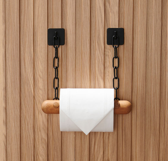 Wooden toilet roll holder with chains 