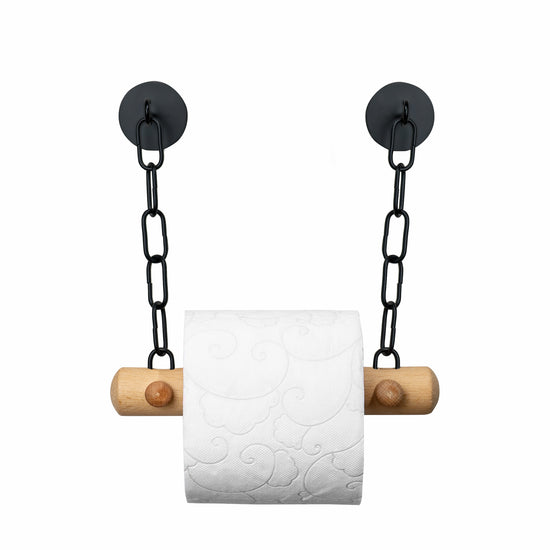 Wooden toilet roll holder with chains 